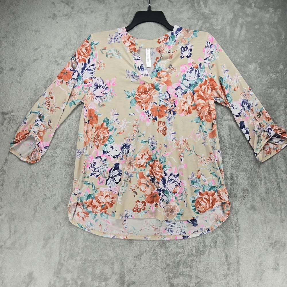Dear Scarlett Top Blouse Large Beige Floral Artsy Roll Tab 3/4 Sleeve Pullover